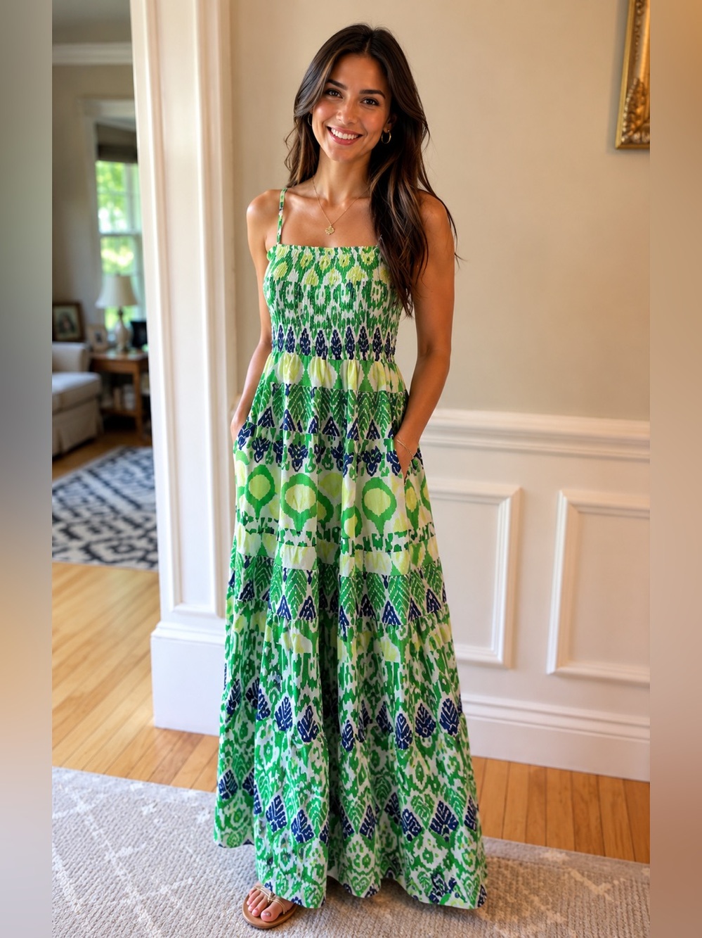 Green, Navy, and White Patterned Maxi Dress with Adjustable Straps.